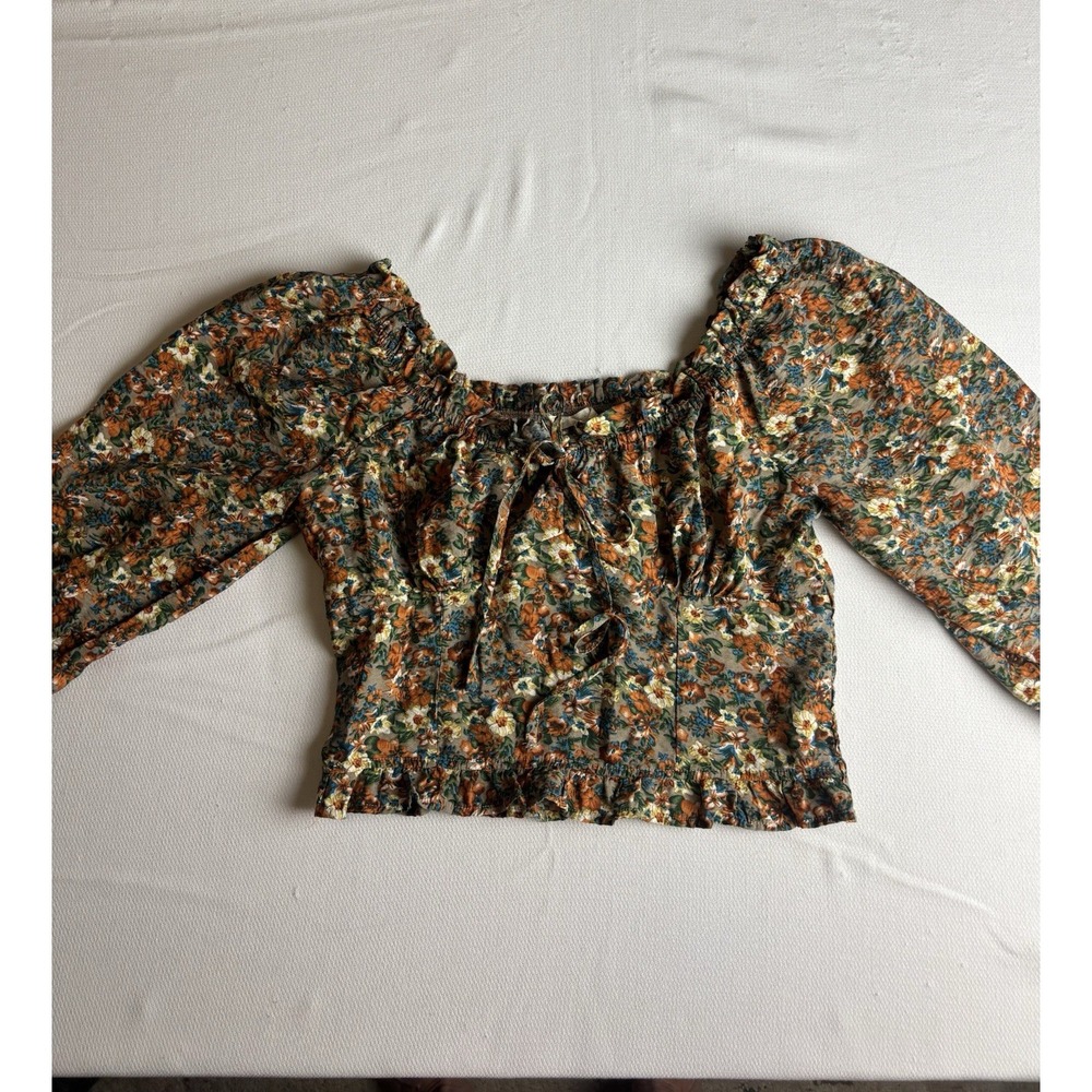 Suite 2939 Floral Peasant Top Size Lg Cottagecore Smocked Ruffle L/SL Boho